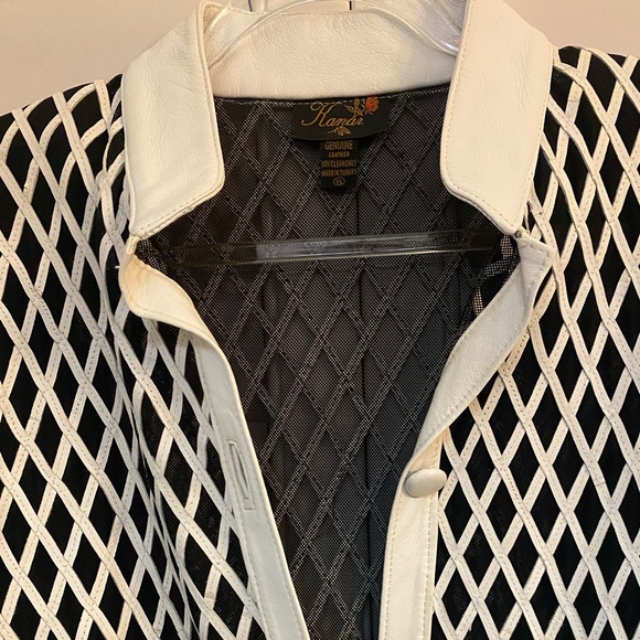 Stunning Black & White Shear Diamond Pattern White Leather Trim Jacket Size XL - Picture 3 of 5